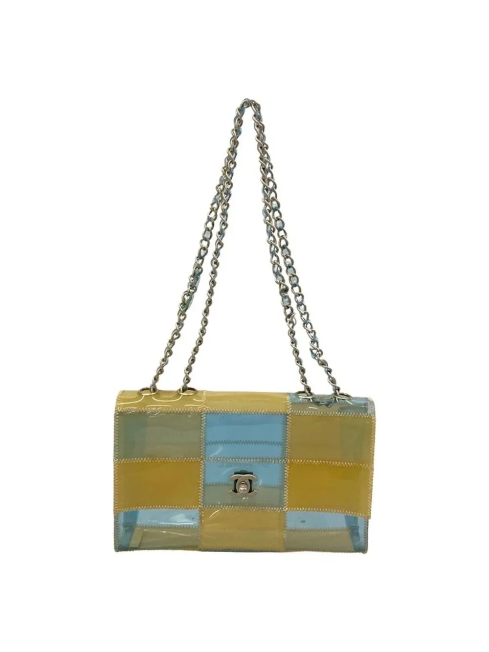 Chanel Shoulder Bag Choedge Coat Clear Beige Light Blue Chain Silver